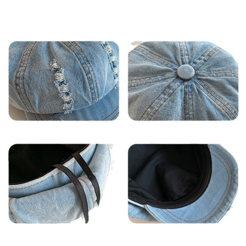 Retro Make Old Ripped Denim Beret Women