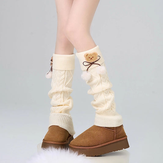 Bear Foot Sock Knitted Bow Hair Ball Pile Style Leg Warmer