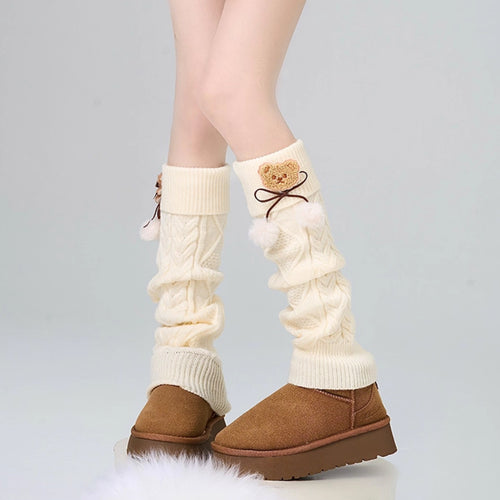 Bear Foot Sock Knitted Bow Hair Ball Pile Style Leg Warmer