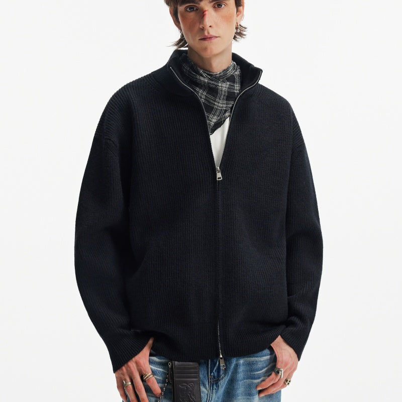 Double Zipper Heavy Stand Collar Cardigan Sweater Winter Solid Color Coat