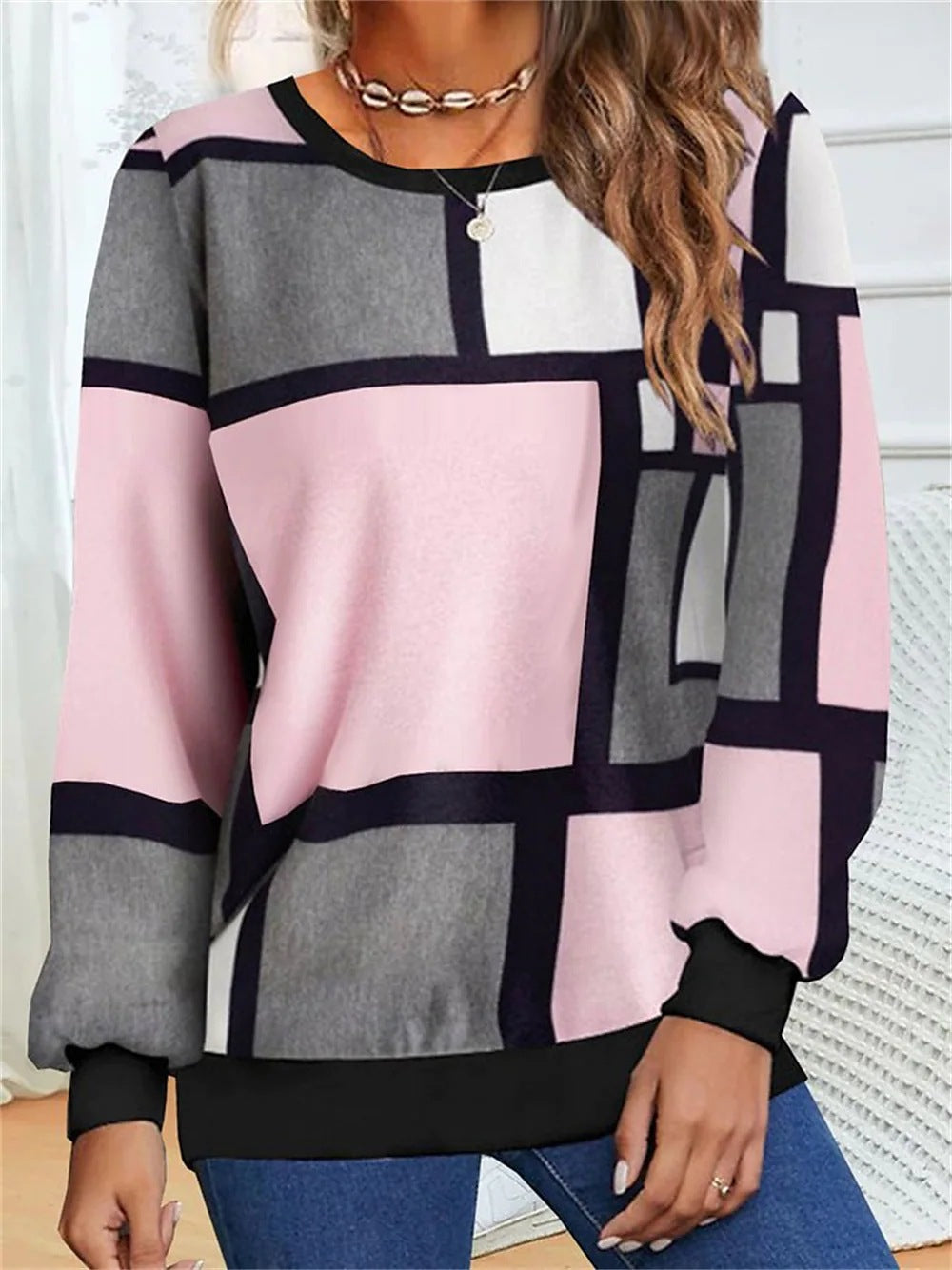 Casual Geometric 3D Printed Loose Long Sleeves Round Neck Sweater