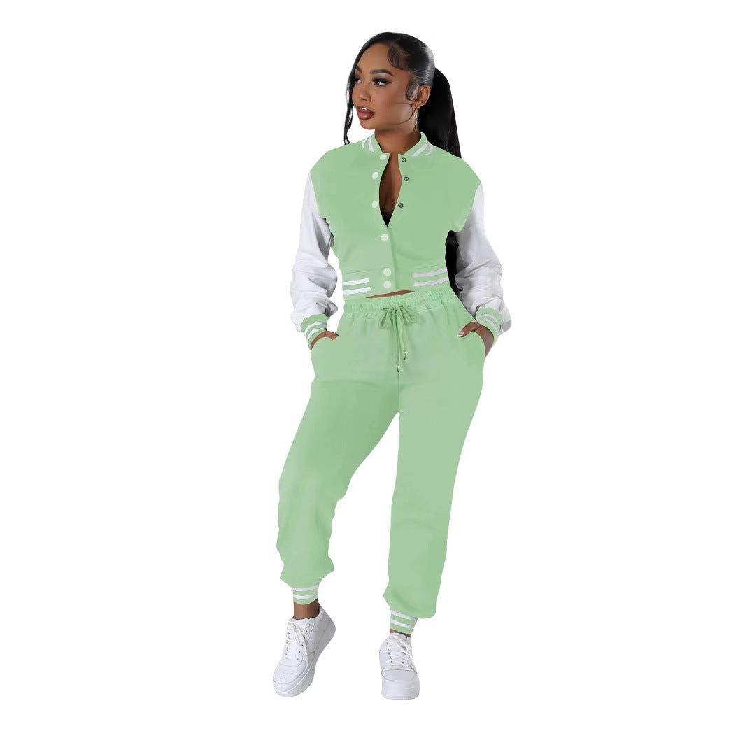 Women's Fashion Baseball Uniform Stitching Single-breasted Two-piece Suit