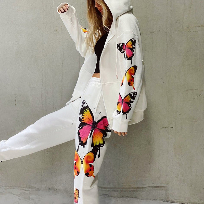 Butterfly Print Long-Sleeved Hooded Zipper Casual Sweater Suit