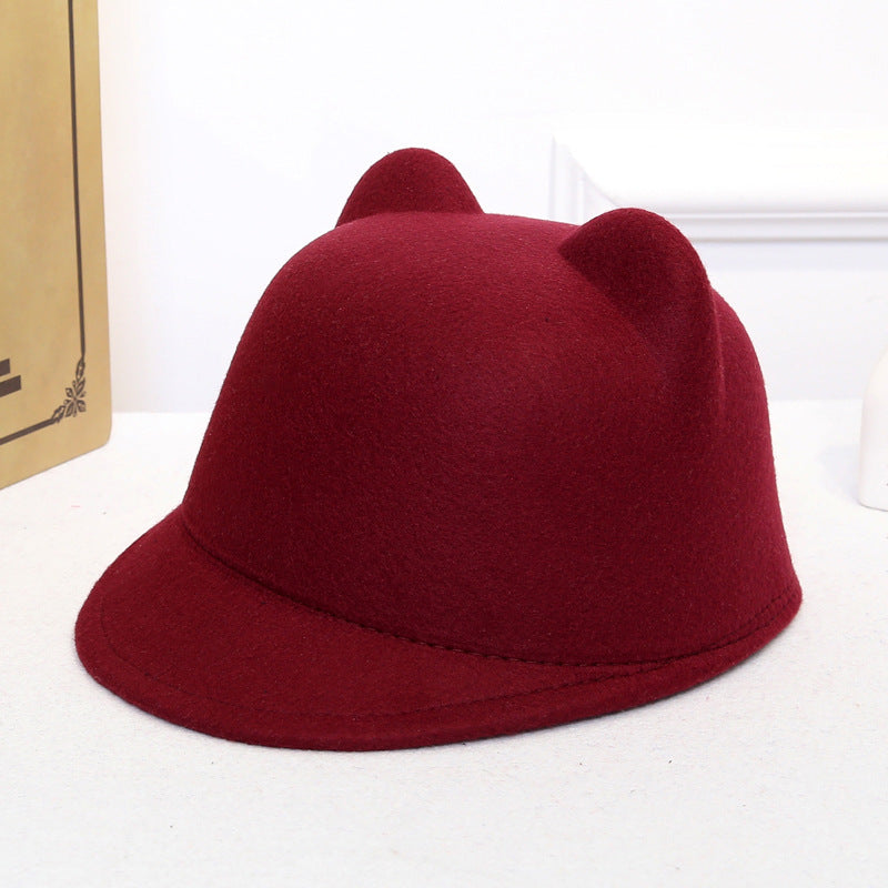 Women's Dome Retro Woolen Peaked Cap Cute Cat Ears Equestrian Hat