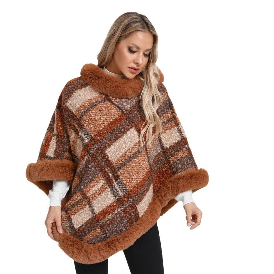 Big Fur Collar Cloak Mid-length Batwing Sleeve Pullover Classic Plaid Shawl
