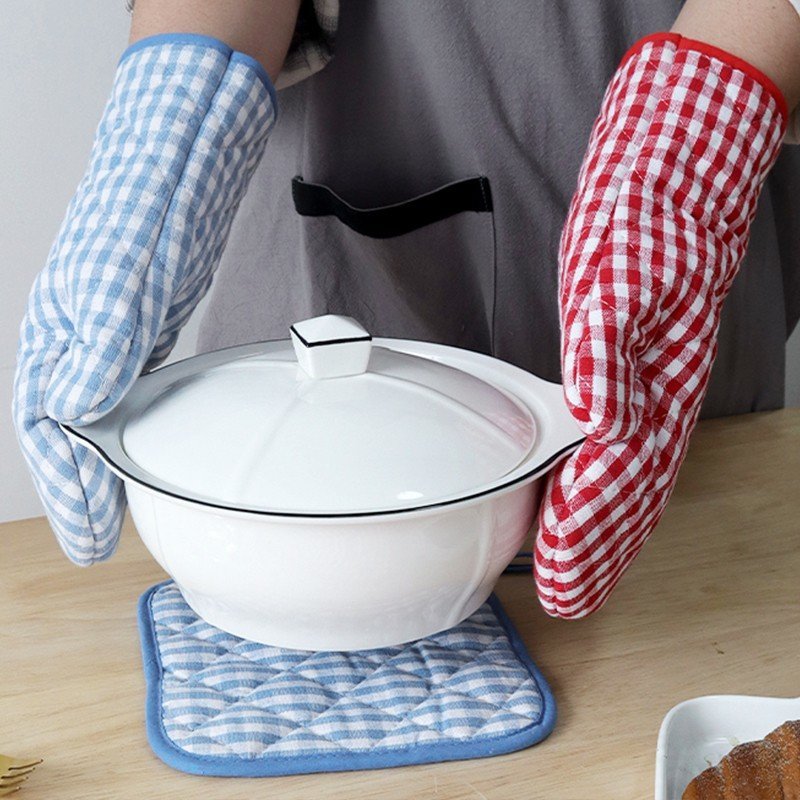 قفازات خبز قطنية مصبوغة بخيوط ملونة بنقشة مربعات، تحمي من الحروق