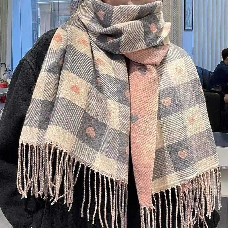 Artificial Cashmere Scarf Female With Hearts Thick Checks Fringe Bib