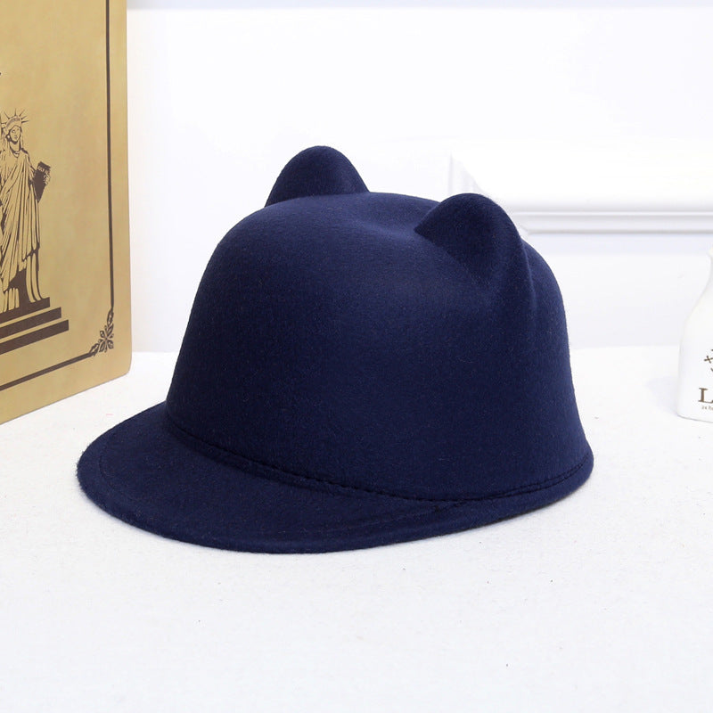 Women's Dome Retro Woolen Peaked Cap Cute Cat Ears Equestrian Hat