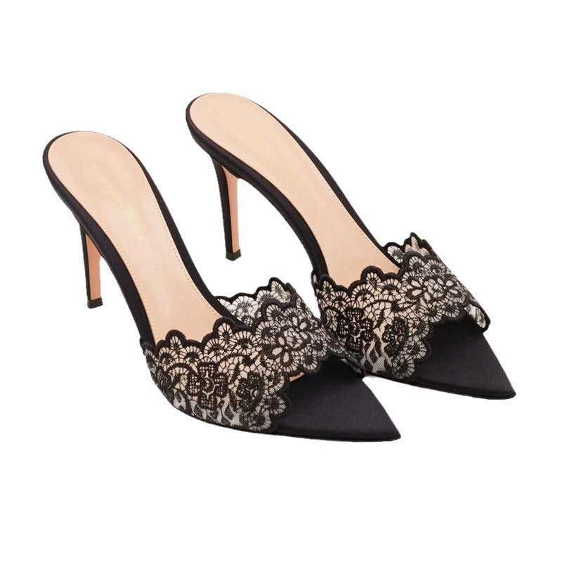 Pointed-toe Stiletto Heel Lace Slippers