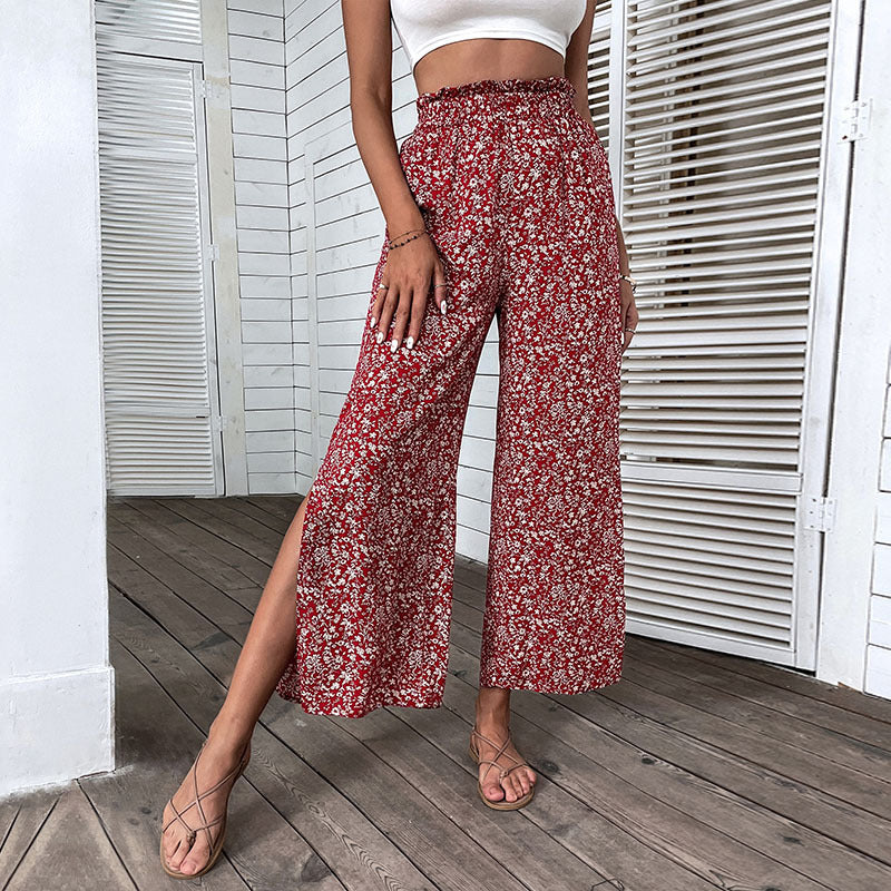 Retro Red For Women Pants Rayon High Waist Cropped Wide-leg Pants