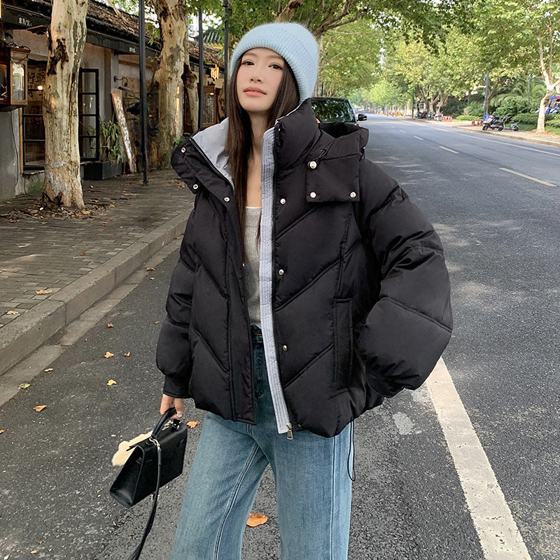 جاكيت قطني قصير للنساء، دافئ، مزود بغطاء رأس، مقاوم للرياح، مبطن بالقطن