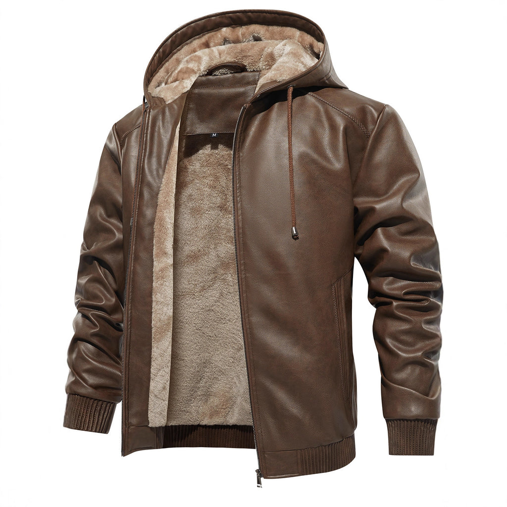 Men's Hooded Warm PU Leather Coat