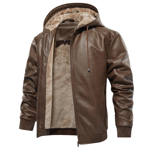 Men's Hooded Warm PU Leather Coat