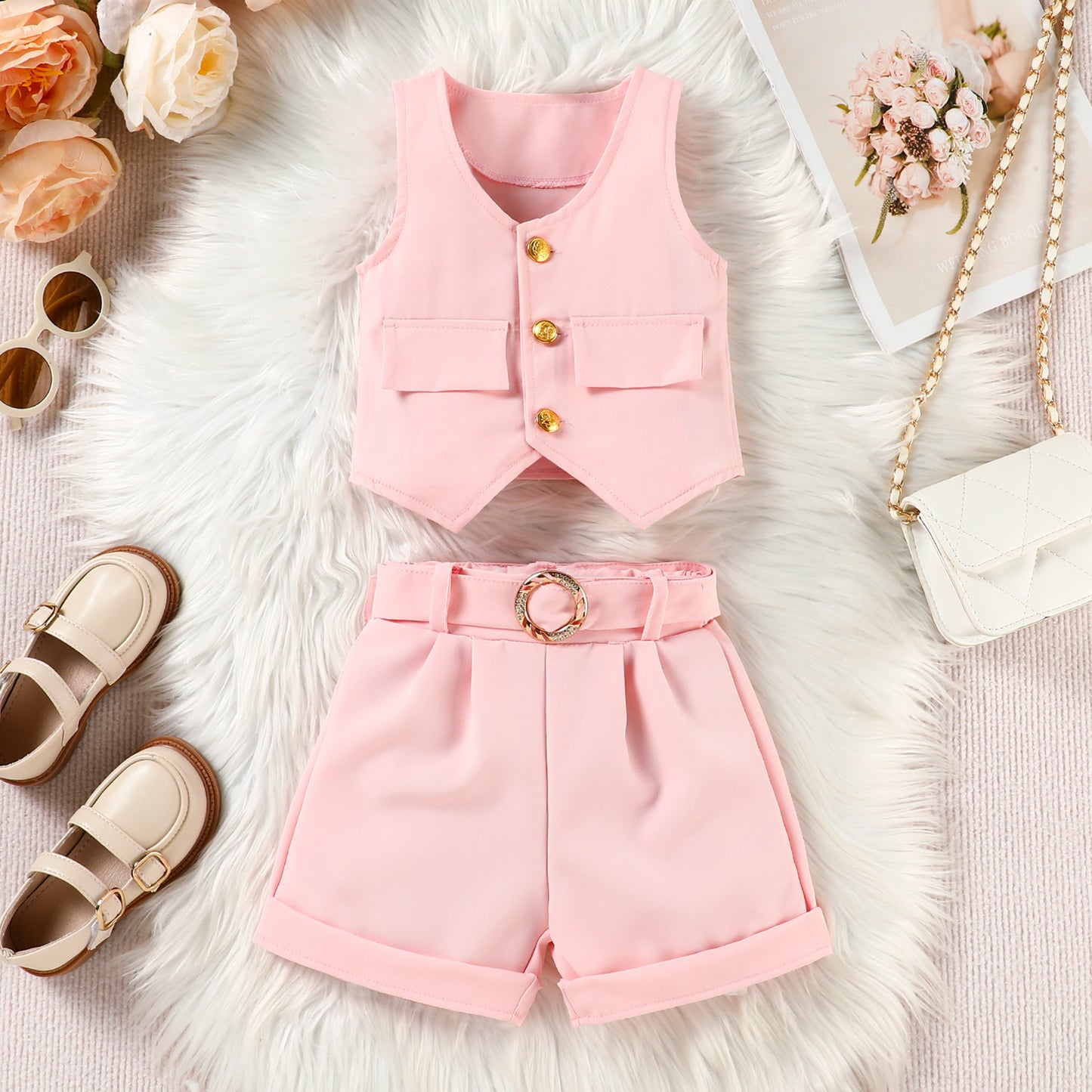 Girls V-neck Vest Top Shorts And Belt Three-Piece Set