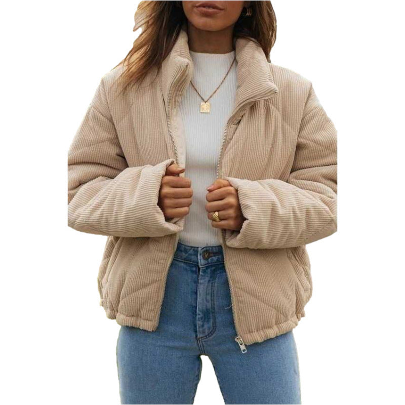 Women's Wadded Stand Collar Long Sleeve Corduroy Zipper Jacket