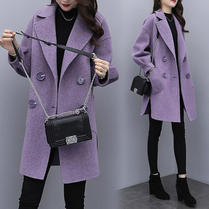 Purple Woolen Coat Women's Mid-length Lantern Sleeve