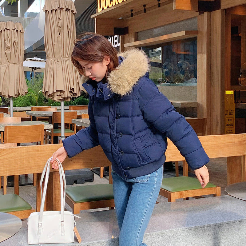 Winter Down Cotton Jacket Women's Short Big Fur Collar Hooded