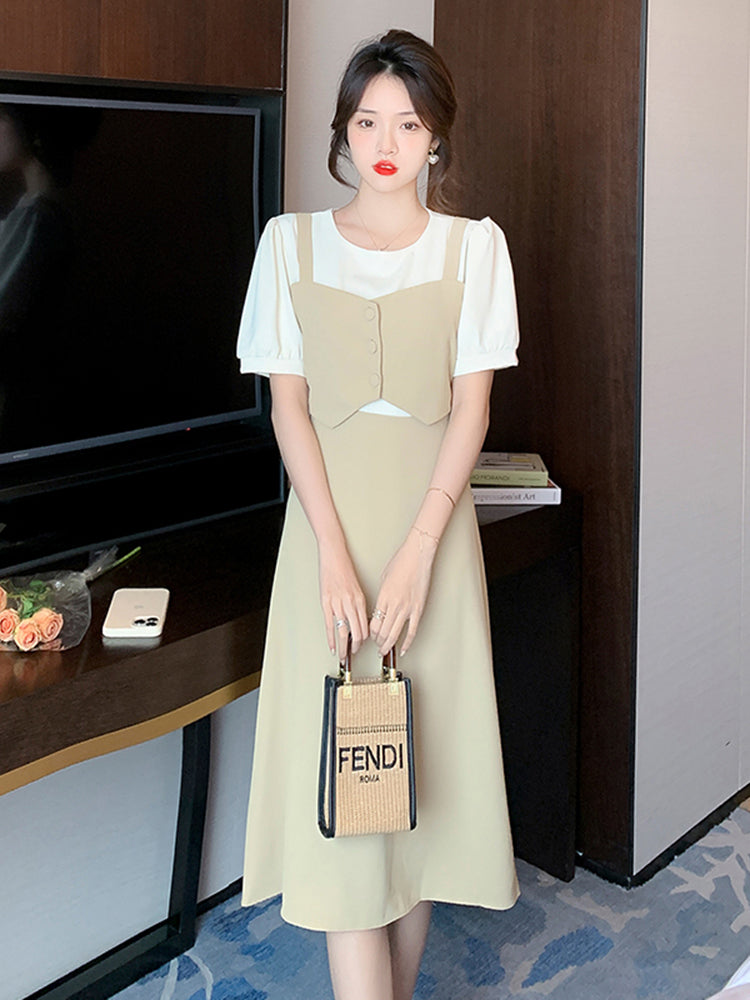 French Short Sleeve Dress Feminine Waist Design