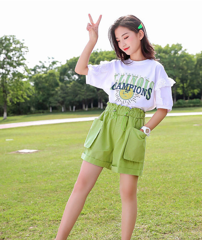 Girls Casual Fashion Short Sleeve Shorts Two Piece Set
