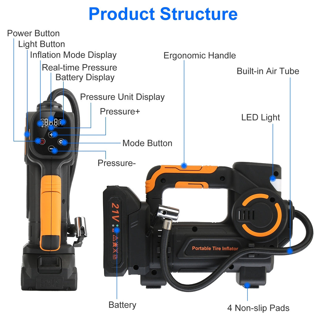 1Pc 140W 150PSI 21V Battery Powered Tire Inflator Cordless Air Inflator Digital Air Compressor With LED Light For Cars Motorcycles Bicycles Balls