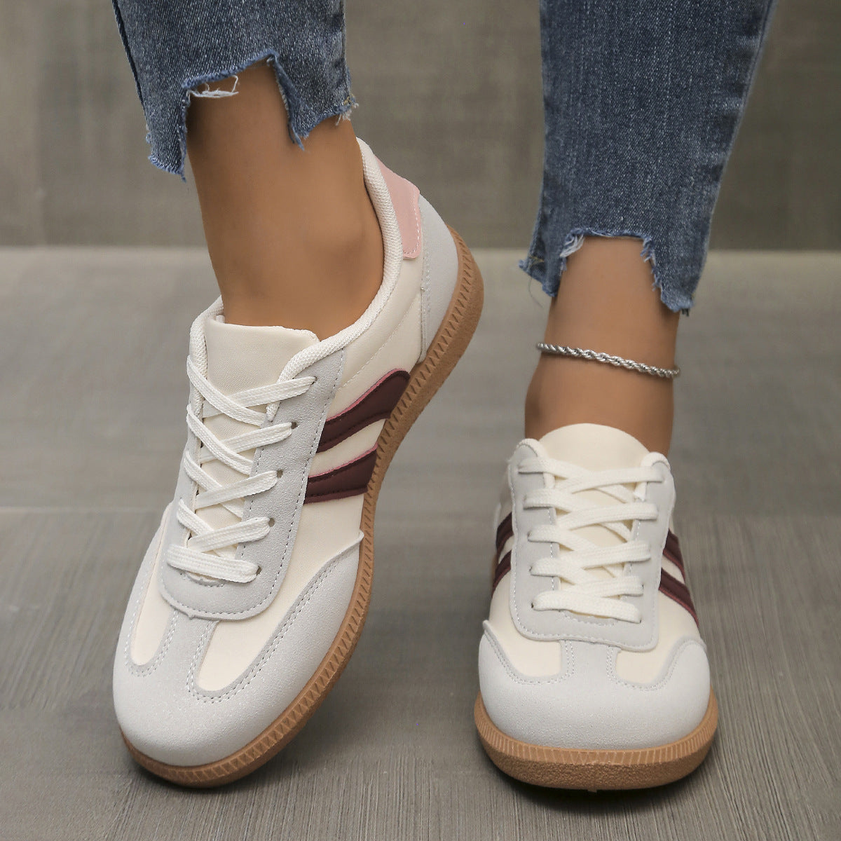 Color-blocked Retro Skate Shoes German-style White Sneakers For Women