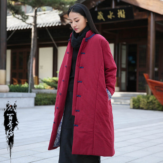 Retro Women's Artistic Cotton And Linen Clothing Buckle Cotton-padded Jacket
