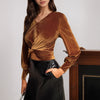 Polyester Women's Velvet French Waist Twist Design Long Sleeve Top