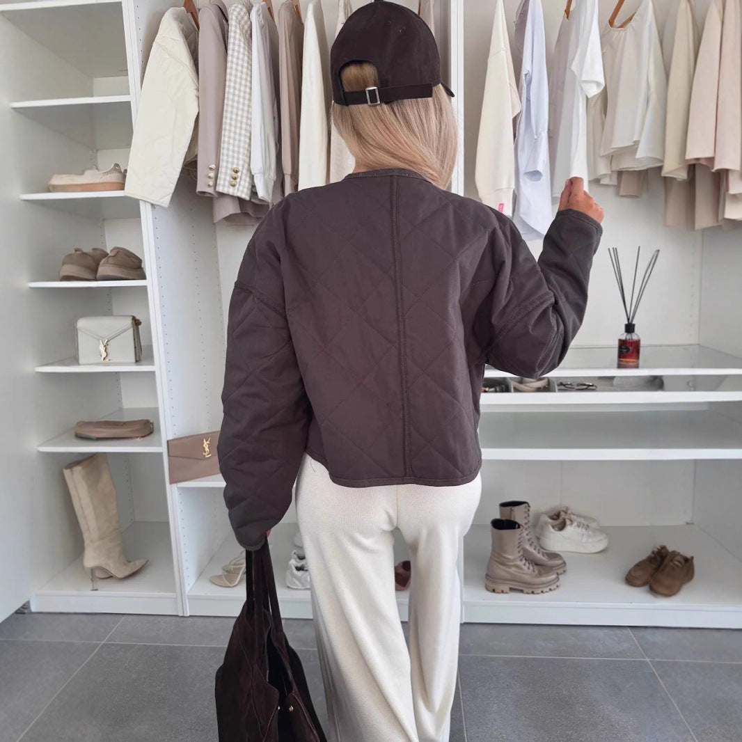 Women's Casual O-neck Short Diamond Plaid Cotton-padded Coat