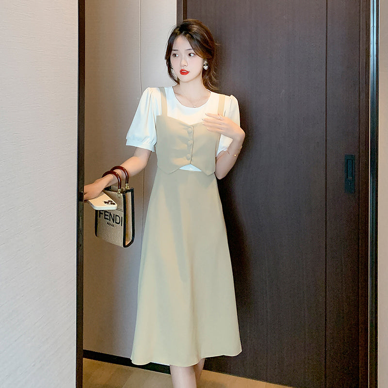 French Short Sleeve Dress Feminine Waist Design