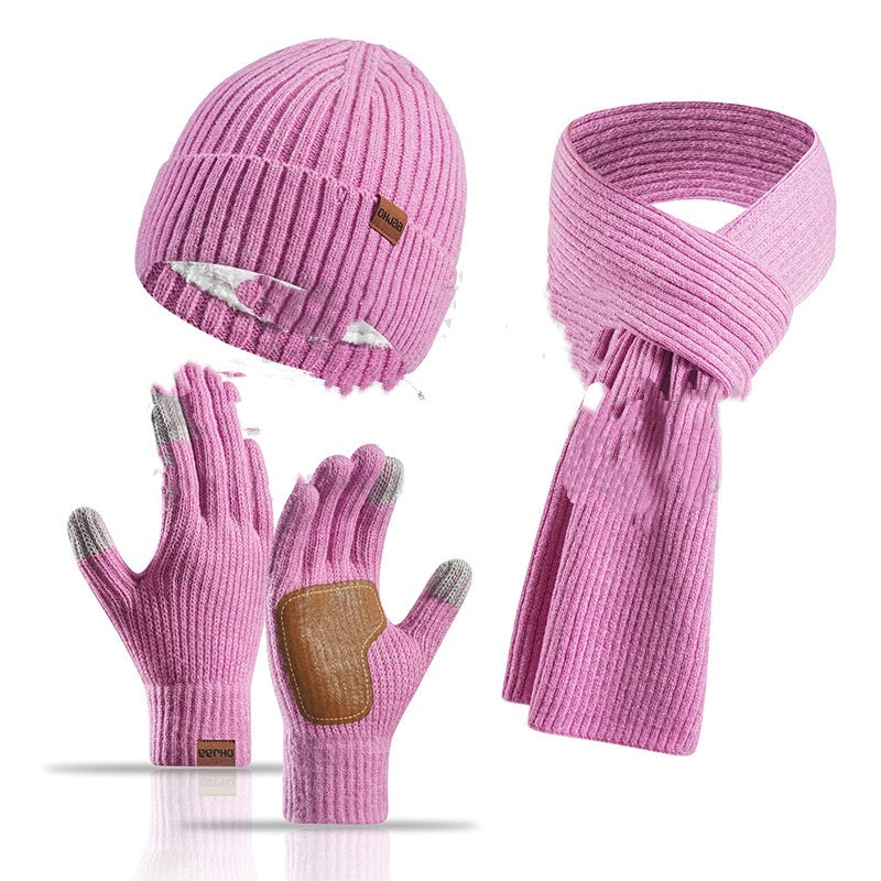 Winter Women's Wool Hat Scarf Gloves Plus Leather Non-slip Three-piece Set