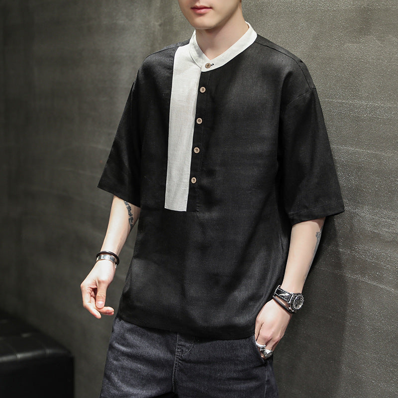 Cotton And Linen Casual Stitching Loose Half Sleeves