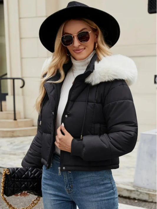 Women's Chic Mint Green Puffer Jacket With Faux Fur Trim Hood