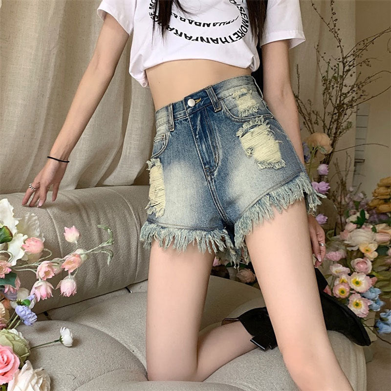 Retro Ripped Raw-Edge Denim Shorts For Women Lightweight And Loose-Fitting
