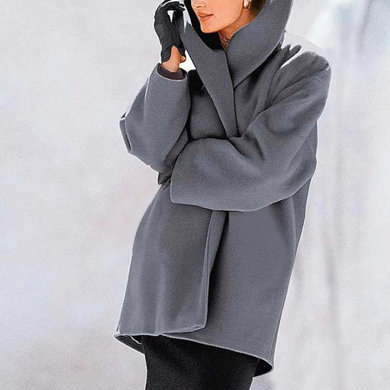 Plus Size Women's Solid Color Round Neck Button Coat - Oversized Hooded Wool-Like Long Coat For Fall&Winter