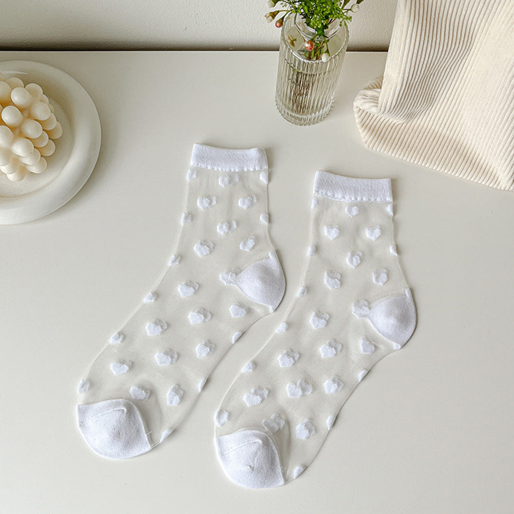Spun Glass Crystal Tube Socks Women's Summer Thin Black Polka Dot Breathable Mesh