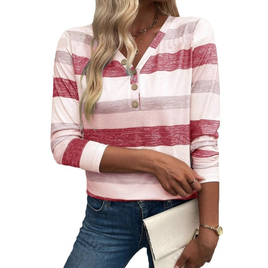 Long Sleeve Deep V-neck Striped Women's T-shirt