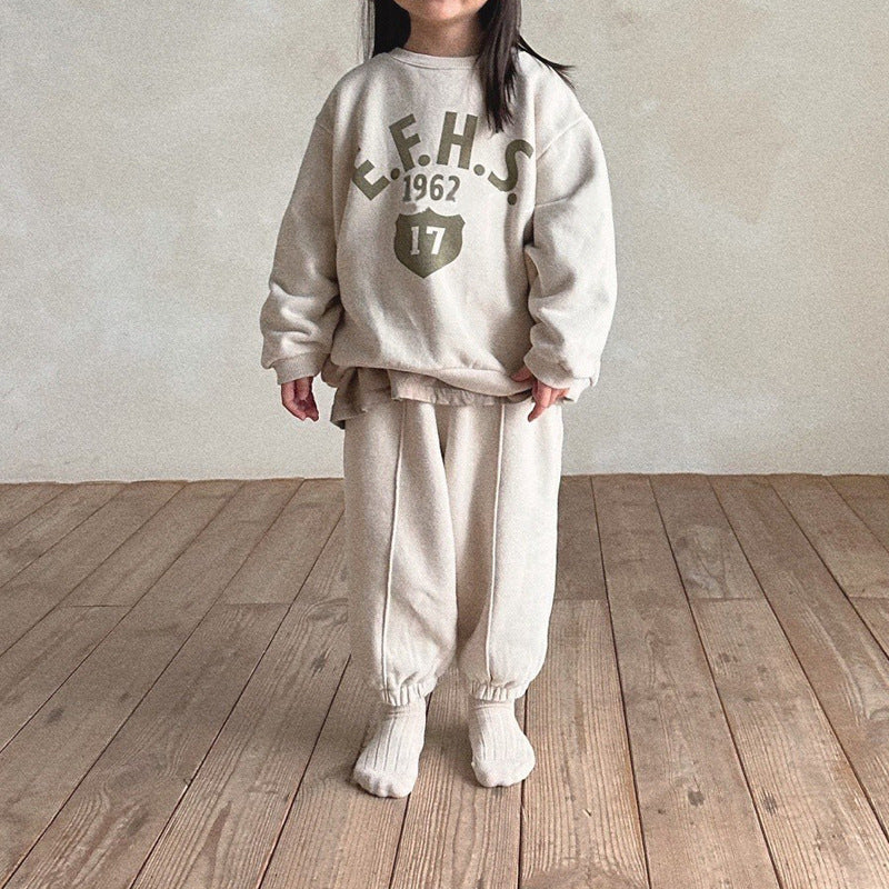 Boys And Girls Letter Printing Casual Fleece Sweater Two-piece Set