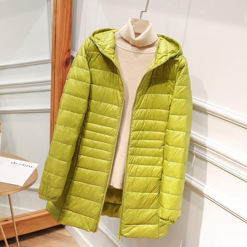 Down Jacket Women's Mid-length Hooded Slim Fit Light Coat