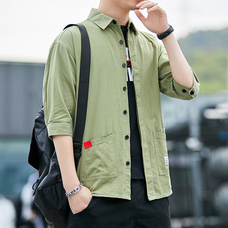 Summer Cotton Workwear Shirt With Three-Quarter Sleeves