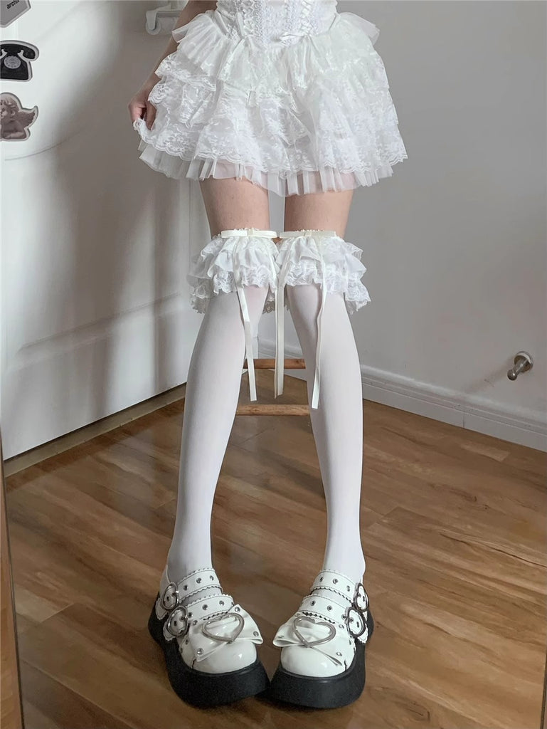 Multi-layer Lace White Knee Socks Bow Stockings