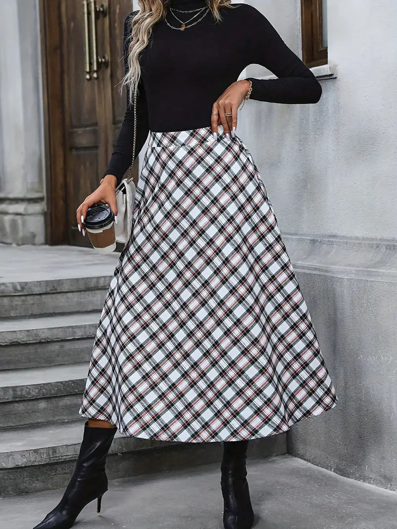 Women's High Waist Casual Loose Plaid Midi Dress