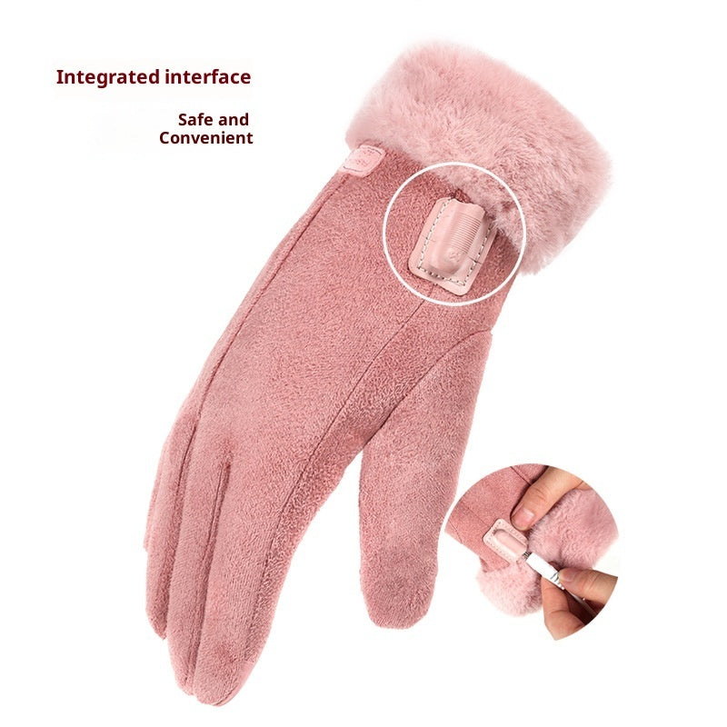 Winter Women's USB Heating Waterproof Suede Finger Gloves