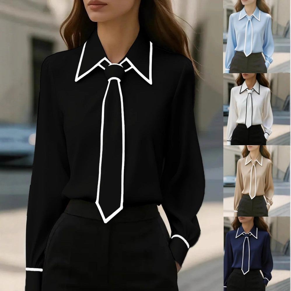 Autumn Fashion Solid Color Commute Tie Long Sleeve Shirt Women's Clothing