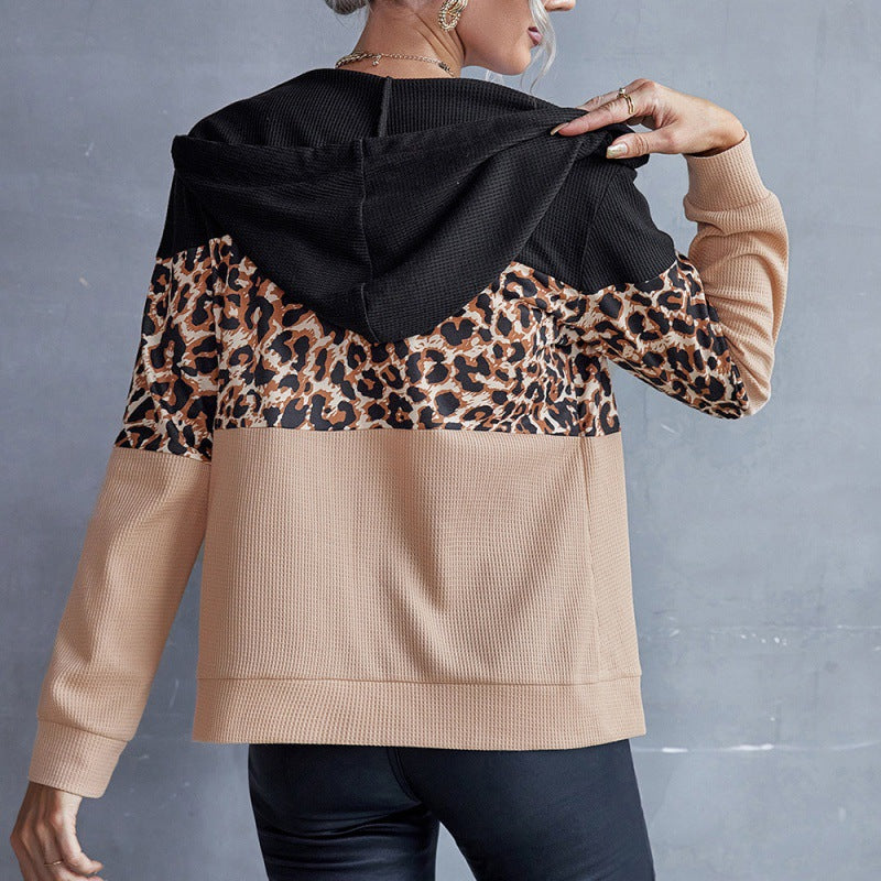 Leopard Print Stitching Zipper Sweater Hooded Jacket Women