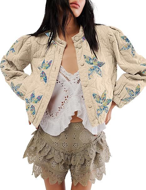 Washed Cotton Maple Leaf Affixed Cloth Embroidered Women's Coat Cotton-padded Jacket
