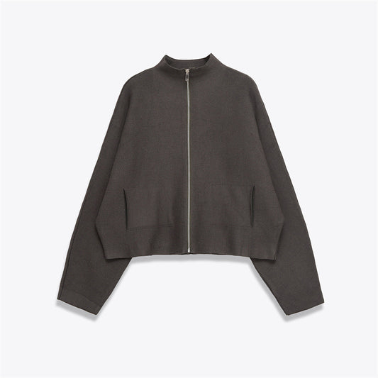 Women's Stand Collar Zipper Long Sleeve Knitted Coat