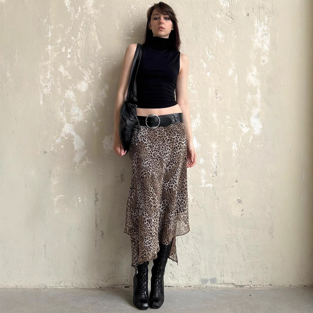 High-waisted Leopard Print Irregular Mesh Skirt