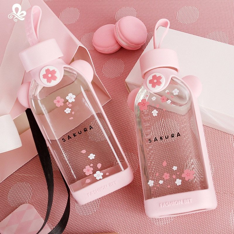 Flat Bottle Silicone Jacket Glass Glass Flower Cute Girl Heart Glass
