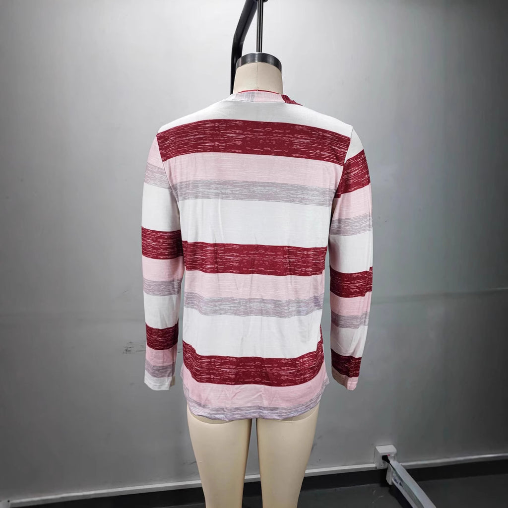 Long Sleeve Deep V-neck Striped Women's T-shirt