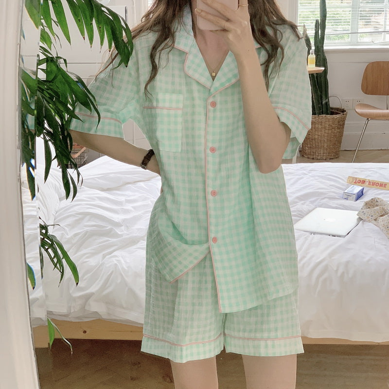 Plaid Cotton Short Sleeve Shorts Suit Pajamas Women's Homewear